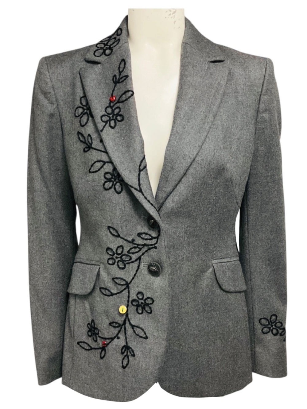 Moschino Cheap and Chic Grey / Black Floral Embroidered Wool Blazer with Ladybu